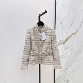 深圳南油25秋冬款法式名媛风撞色条纹立领单排扣编织软花呢外套女