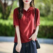 短袖帽衫T恤女夏季新款宽松百搭短袖铜氨丝V领半开扣时尚显瘦上衣