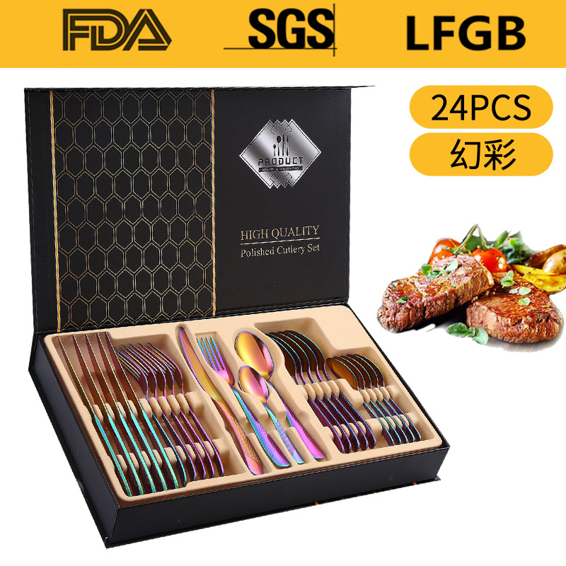 Juego de Cubiertos de Acero Inoxidable de 24 Piezas en Caja de Regalo, Diseño de Estrella y Diamante, Cuatro Piezas Principales, para Hotel, Restaurante, Comida Occidental, Cuchillo, Tenedor, Cuchara