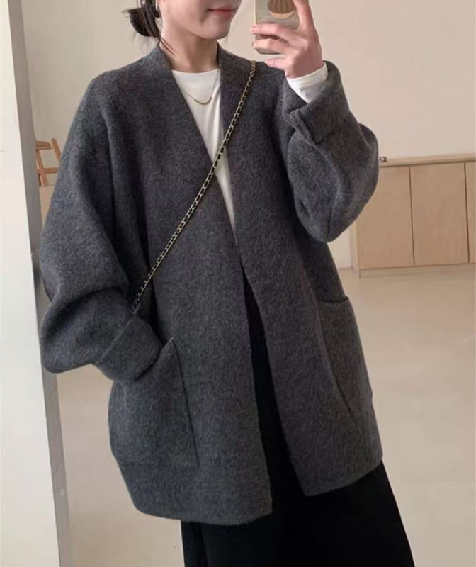 跨境大码慵懒风纯色口袋针织开衫女外穿秋冬简约厚实休闲毛衣外套|undefined