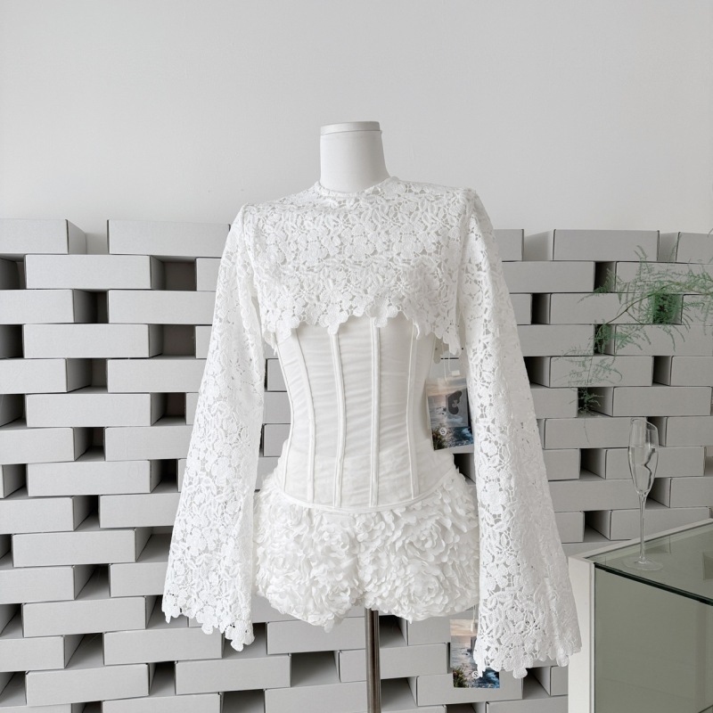 Vietnamese Designer's New Lace Long-Sleeve Fishbone Top and 3D Floral Shorts Set