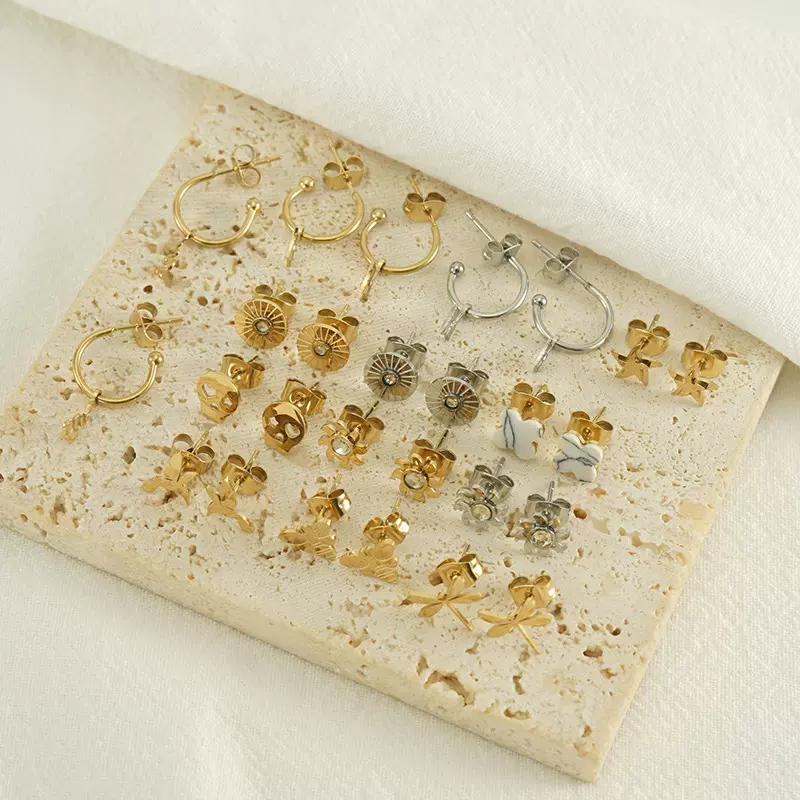 不锈钢跨境欧美时尚个性简约风图案系列小耳钉钛钢18k金耳饰女款