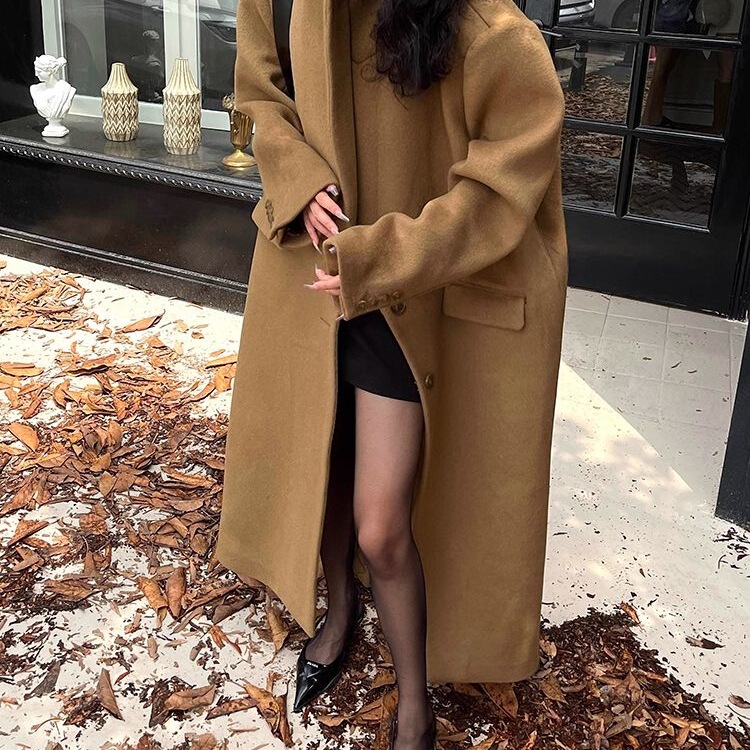Long Khaki Wool Coat for Women, Winter Loose Woolen Coat, Ankle-Length, Thickened for Tall Individuals