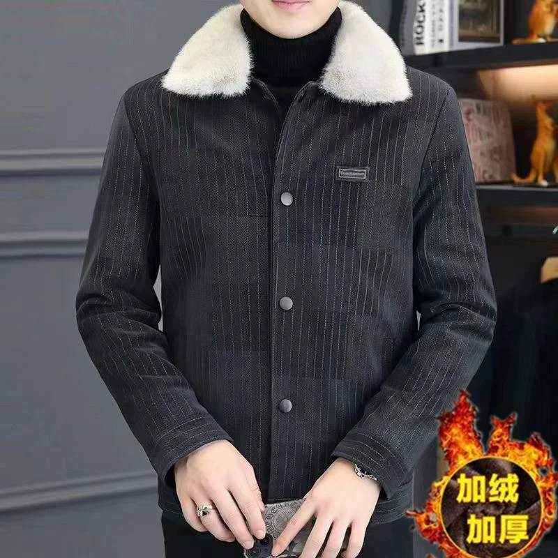 Haining зимний новый мужской бархат утолщенные съемные шерстяные воротники кожаные куртки полосатые модные повседневные трендовые куртки