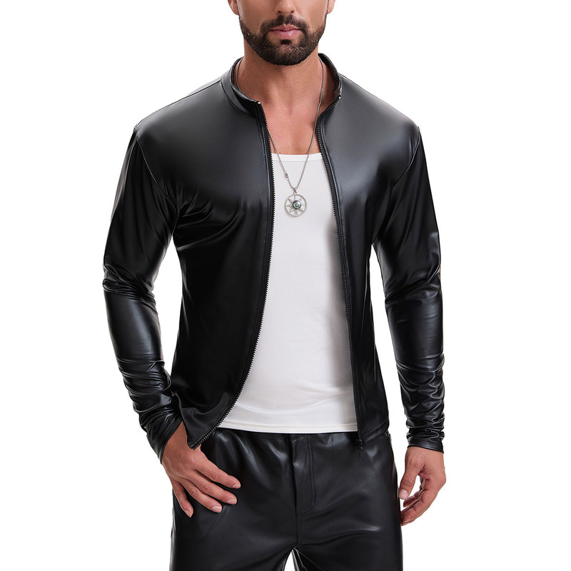 Cross-Border European and American Men's Matte Leather Jacket with Full Zipper, Slim Fit, Long Sleeves, Biker Style, Stand Collar, Casual Top Cross-Border European and American Men's Matte Leather Jacket with Full Zipper, Slim Fit, Long Sleeves, Biker Style, Stand Collar, Casual Top