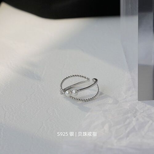 S925 sterling silver double-layered cross pearl ring, feminine, high-end, trendy index finger ring, cool style open ring