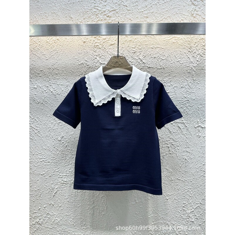 25 夏の新スタイルコントラストレター刺繍人形ラペル年齢軽減ニット半袖女性モデル|undefined