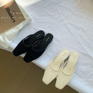 Retro New Chinoiserie Gentle Toe-Cap Half Slippers for Women 2025 Spring New Square Toe High-End Fairy Mule Shoes Sandals