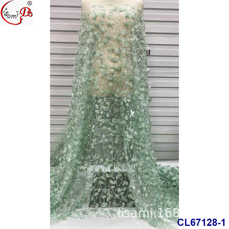 法式复古满幅泡珠立体贴花密绣蕾丝面料 连衣裙礼服装网纱绣批发