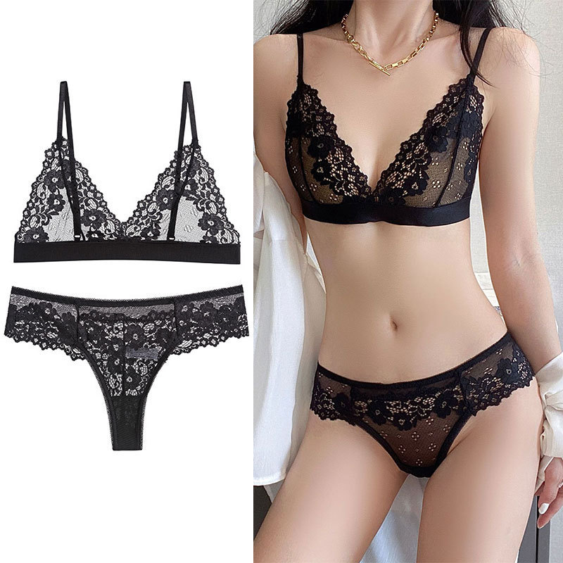 Sexy underwear women's lace push up French style non-steel ring non-sponge transparent hollow pure hot thin bra suit