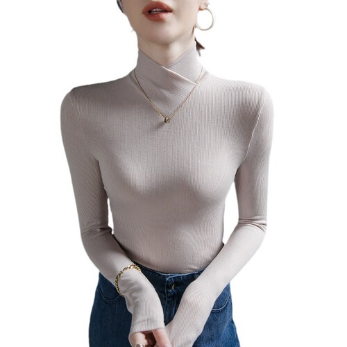Autumn and winter ribbed teddy fleece fabric with a stylish design—stand-up collar, long sleeves, slim-fit base layer, perfect for pairing with trendy outerwear.