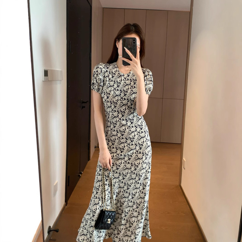 Bias-Cut Three-Dimensional Waist-Cinching High-End Retro Smart Fishtail Black and White Floral Long Skirt Summer