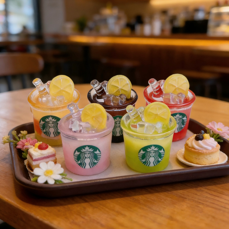 Simulated Starbucks Lemon Tea Resin DIY Car Computer Desktop Small Ornament Doll Machine Children's Toy Keychain