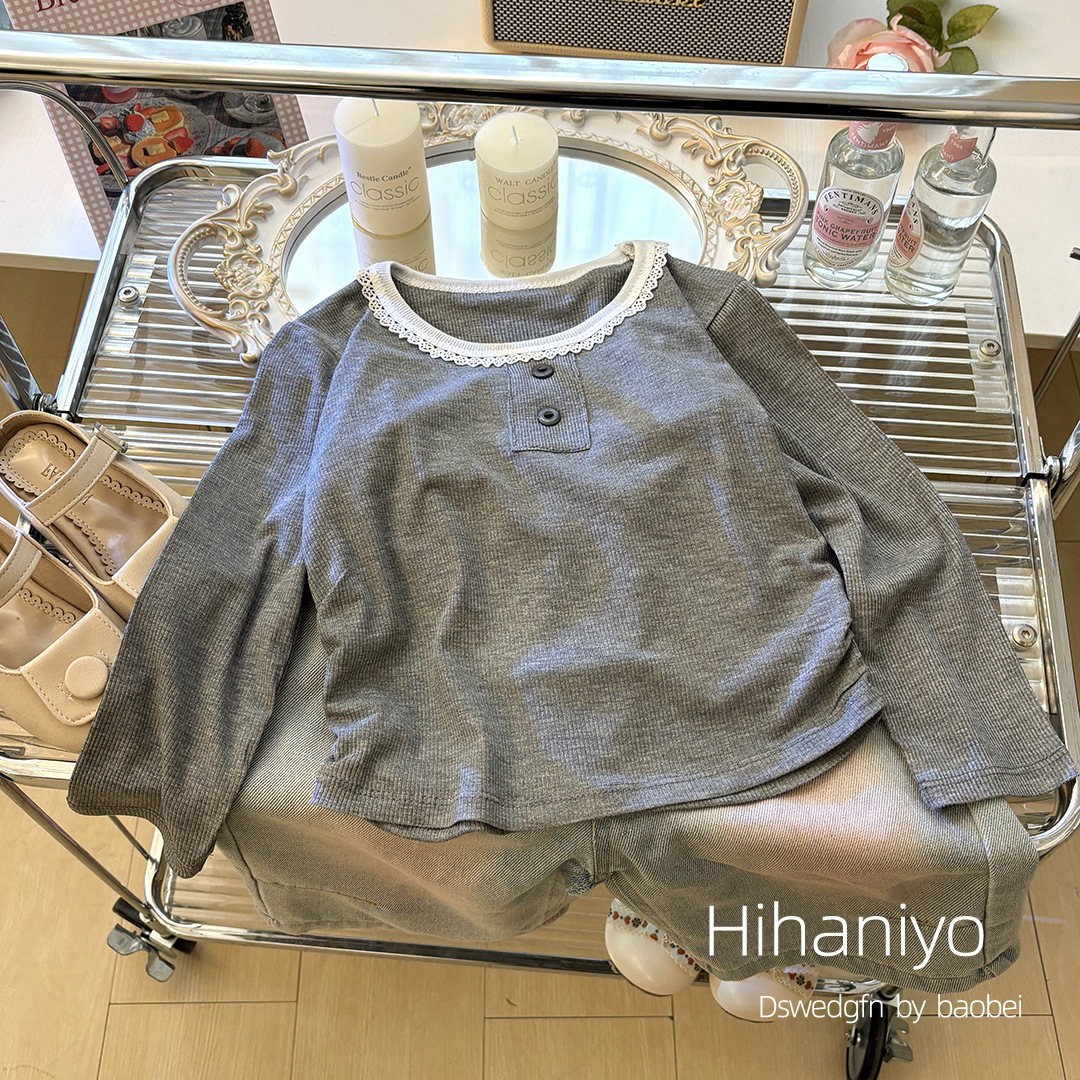 Ropa de abrigo para niñas, cuello redondo, encaje, manga larga, camisa interior elástica de rayón, camisa básica para mujer, top de primavera y otoño, informal y moderno, para primavera y otoño