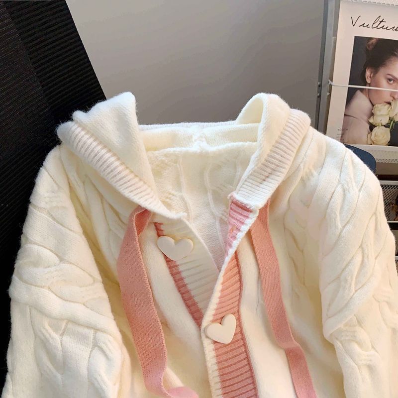 美人春秋连帽毛衣外套女秋冬穿搭设计感宽松外穿甜美减龄针织开衫|undefined