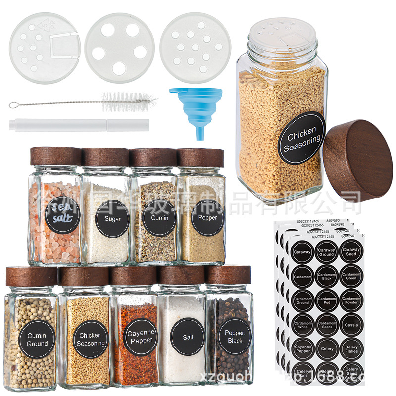 Botella de condimento cuadrada de 120ml de vidrio de cocina bambú Acacia 40oz condimento de vidrio con estante