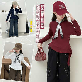 女童燕尾飘带长袖T恤2026春款甜酷小女孩设计感荷叶边开叉绑带潮