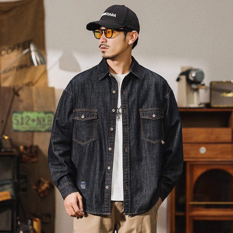 8315# plus size Men's Spring and Summer New Silk Denim Shirt Men's Loose Retro Thin Long Sleeve Cardigan Shirt