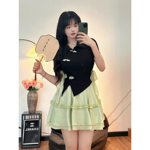2024 New Chinese Style Women's Summer Suit Slim Fit Petite Button Top Puff Skirt Two-Piece Set Trend