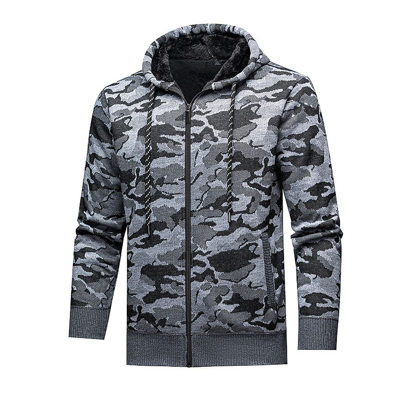 Comercio exterior otoño y invierno nuevo suéter de hombre chaqueta de camisa de punto gruesa cardigan casual chaqueta impresa de camuflaje con capuzas