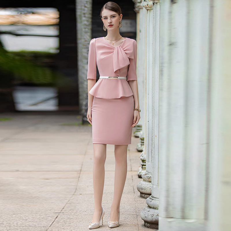 AD Elegant Bow Fake Two-piece Slim-fit French Dress Women's Pink High-end Air Stewardess Work Clothes Dress