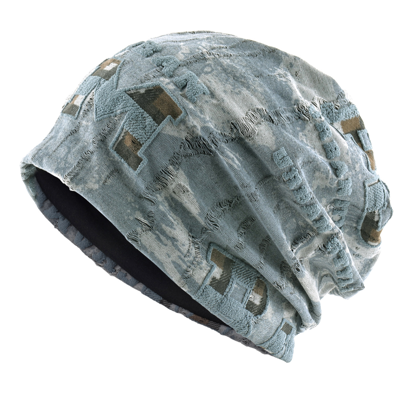 春秋女士破洞包头帽薄款百搭显脸小堆堆帽冷帽字母图案套头帽子男