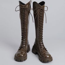 高筒靴骑士靴女2023秋冬新款小个子洋气时尚绑带长筒靴马丁靴女
