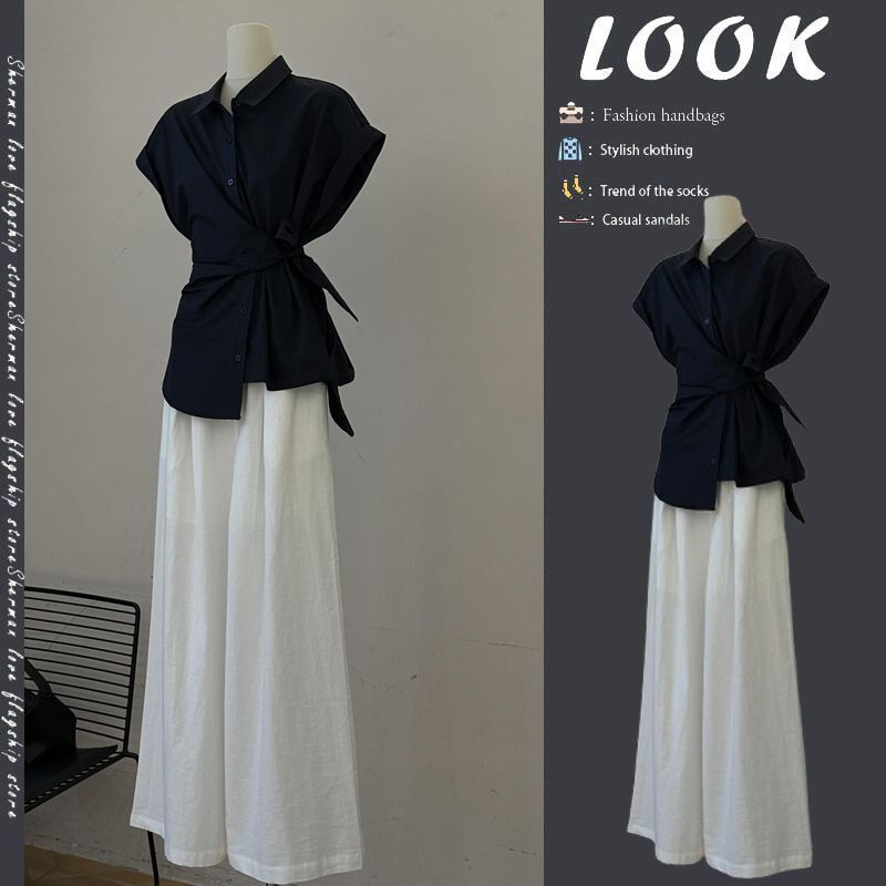 Summer Outfit Set for Women 2025 New Design Waist-Cinching Tie Shirt Slimming Casual Pants Two-Piece Trendy Set
