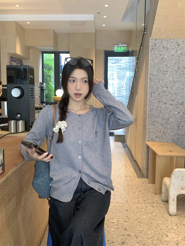 甜美温柔风刺绣蝴蝶结圆领开衫上衣春秋宽松百搭小个子简约外套女|undefined