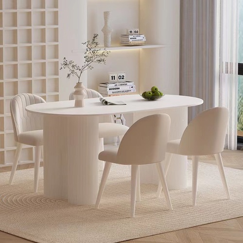 Luxury cream style rock board dining table modern simple home small apartment oval pure white dining table and chair set 