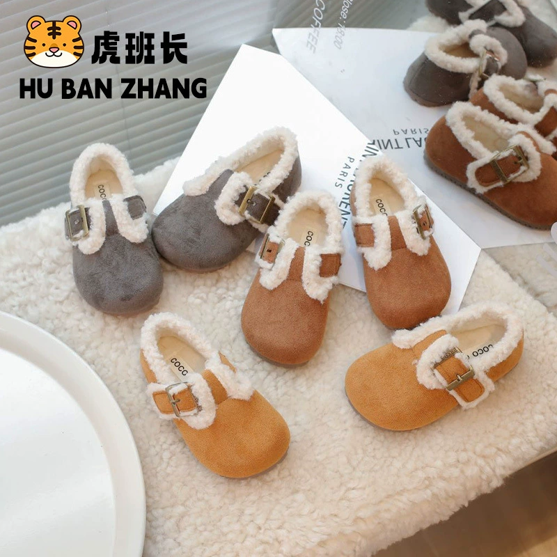 Детские туфли Birkenstock, новинка 2024 года, зимние новые бархатные теплые туфли для девочек, детская хлопковая обувь, детская детская обувь