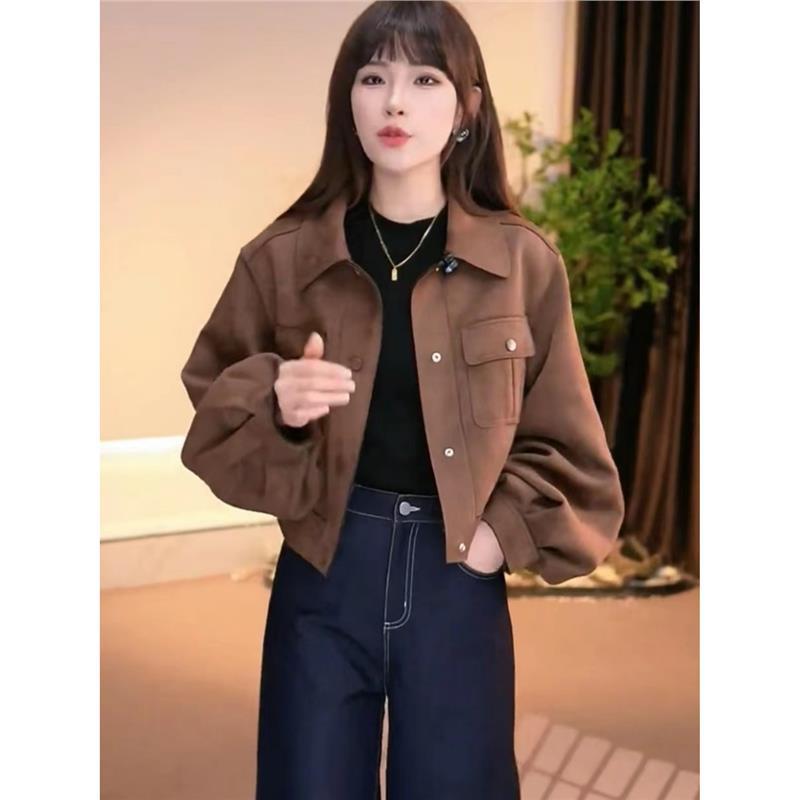 短款翻领麂皮绒外套女2025春季新款小个子时尚百搭休闲夹克上衣潮