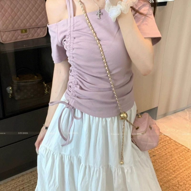 Большой размер толстый мм летняя женская уникальная пряная девушка косая плечо с короткими рукавами футболка 2025 новая талия тонкая и чистая рубашка