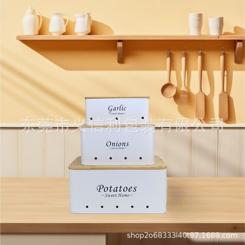 Amazon Tapa de bambú Tanque de almacenamiento blanco Patata Conservación transpirable Cocina Papas Cebolla Ajo Caja de almacenamiento de metal