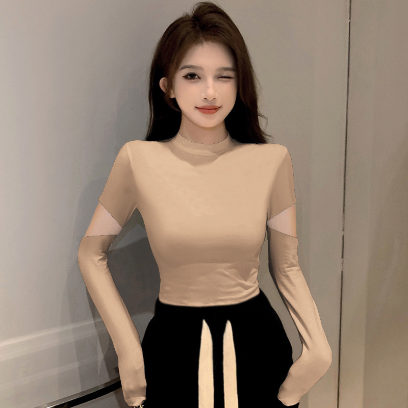 螺纹黑色半高领打底衫女春秋内搭针织短款长袖t恤破洞紧身上衣潮|undefined