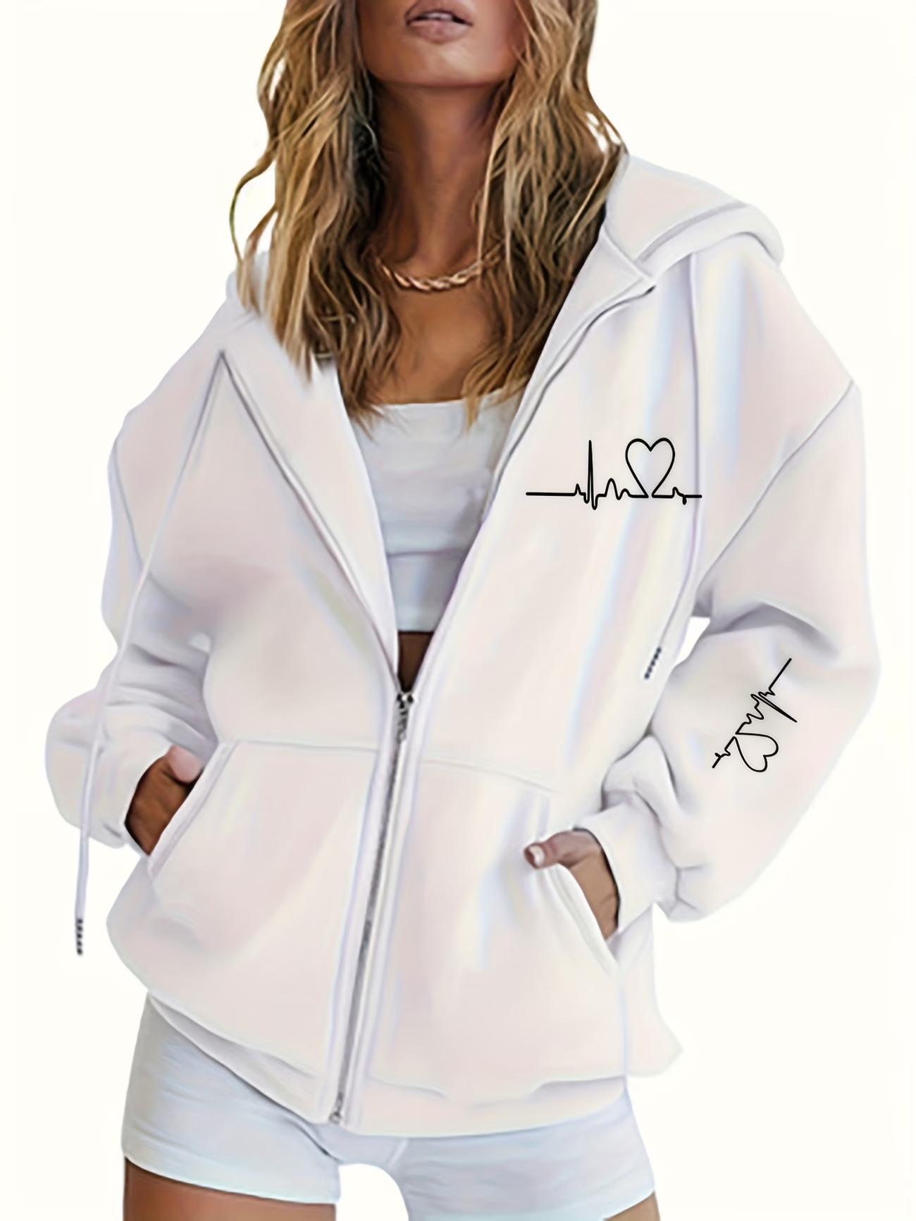 Women's Heart Print Loose Casual Hooded Sweatshirt Long Sleeved Zip Up Design European American Style Print_ecoleips.com