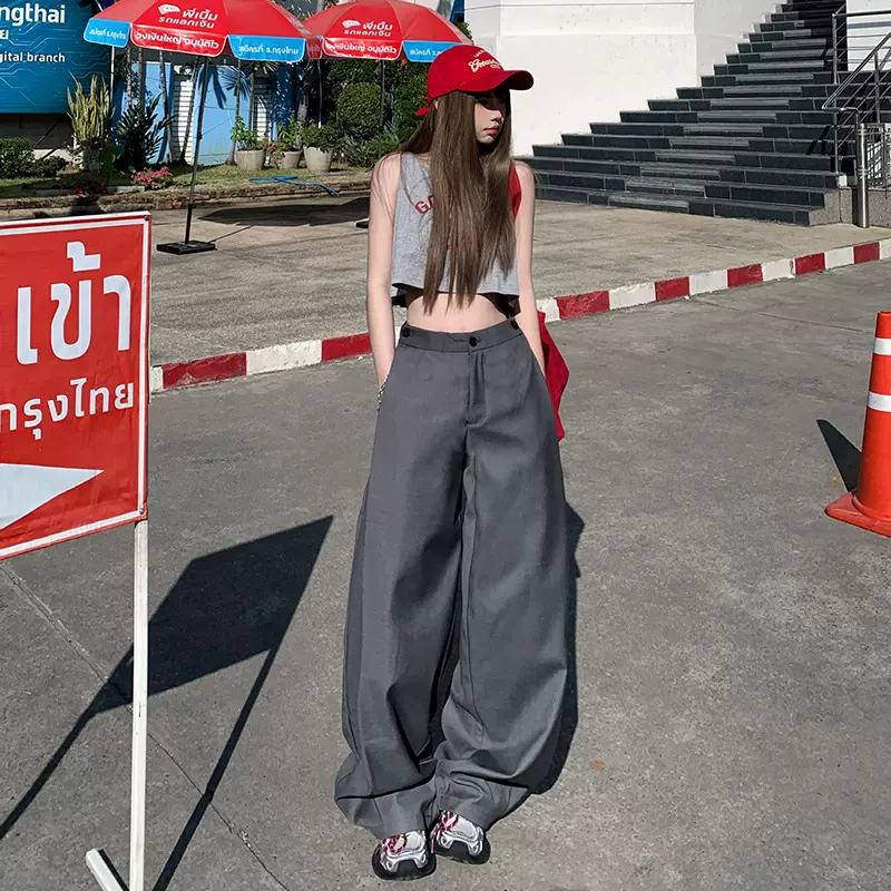 稚橘#韩版褶皱阔腿西装裤女高腰宽松显瘦垂感时尚百搭拖地休闲裤