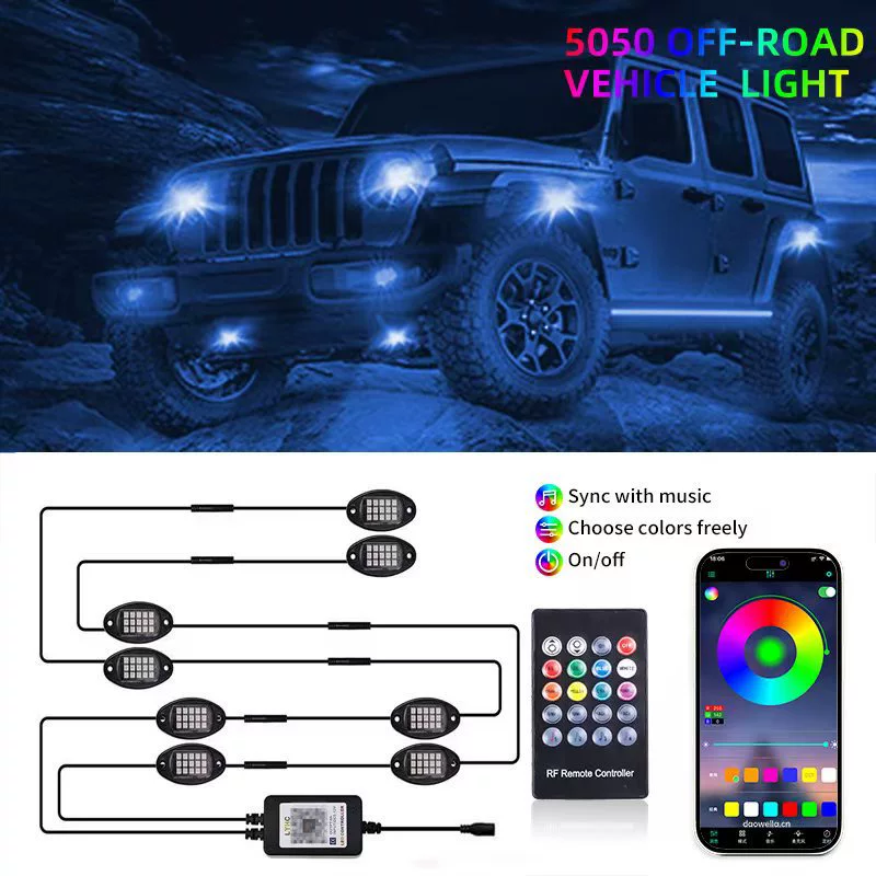Подходит для модификации подсветки шасси внедорожников, автомобильная подсветка с дистанционным управлением RGB, голосовое управление через Bluetooth-приложение, управление через приложение.