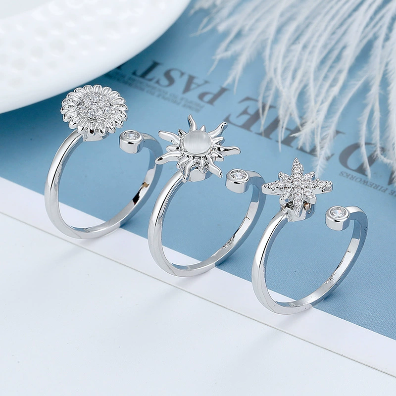 Rotating adjustable windmill ring, light‑luxury fashion ring, silver tone, adjustable opening