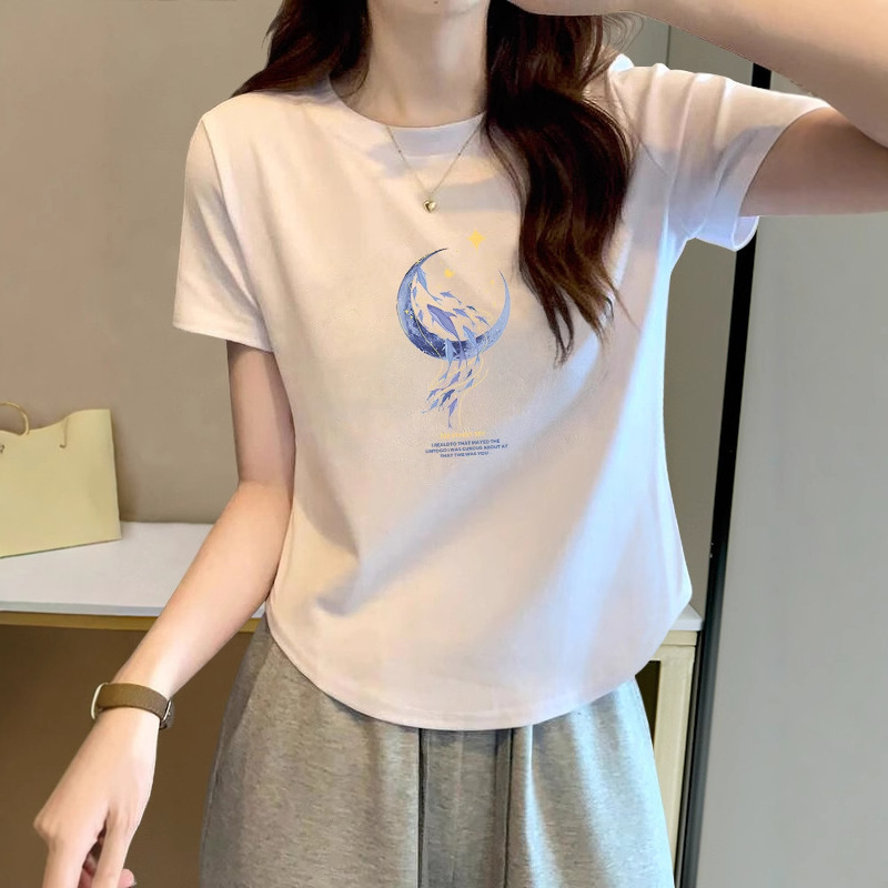 Chic Niche Short-sleeved High-quality Thread Cotton White Printed Top Women's Irregular Arc Hem Simple T-shirt for Women Chic Niche Short-sleeved High-quality Thread Cotton White Printed Top Women's Irregular Arc Hem Simple T-shirt for Women