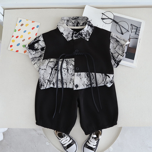 Yikids Boys Summer Chinese Style Set Baby Trendy Hanfu Short Sleeve Shorts Baby Two-Piece Set