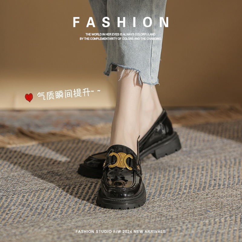 Cowhide Leather Slip-On Loafers, British Style, Black, with Thick Soles, Women's Leather Shoes, Fleece-Lined, Soft Leather, Retro