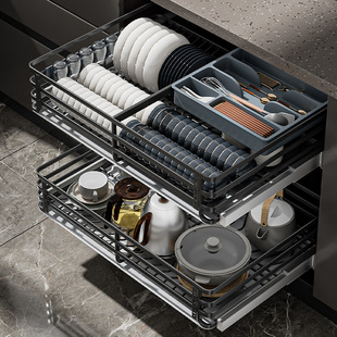 Pull Basket Kitchen Cabinet High Quality Stainless Steel Double Drawer Cupboard Dish Storage Dish Rack Bowl Basket
