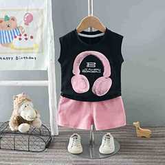 Five Little Seven Children's Wear 2024 Summer 0-4 New Boys and Girls 3 Cartoon Headphones Backless Top Cute Sleeveless Two-Piece Set