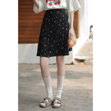 夏季短裙新款高腰显瘦黑色碎花半身裙女a字裙小个子雪纺裙子