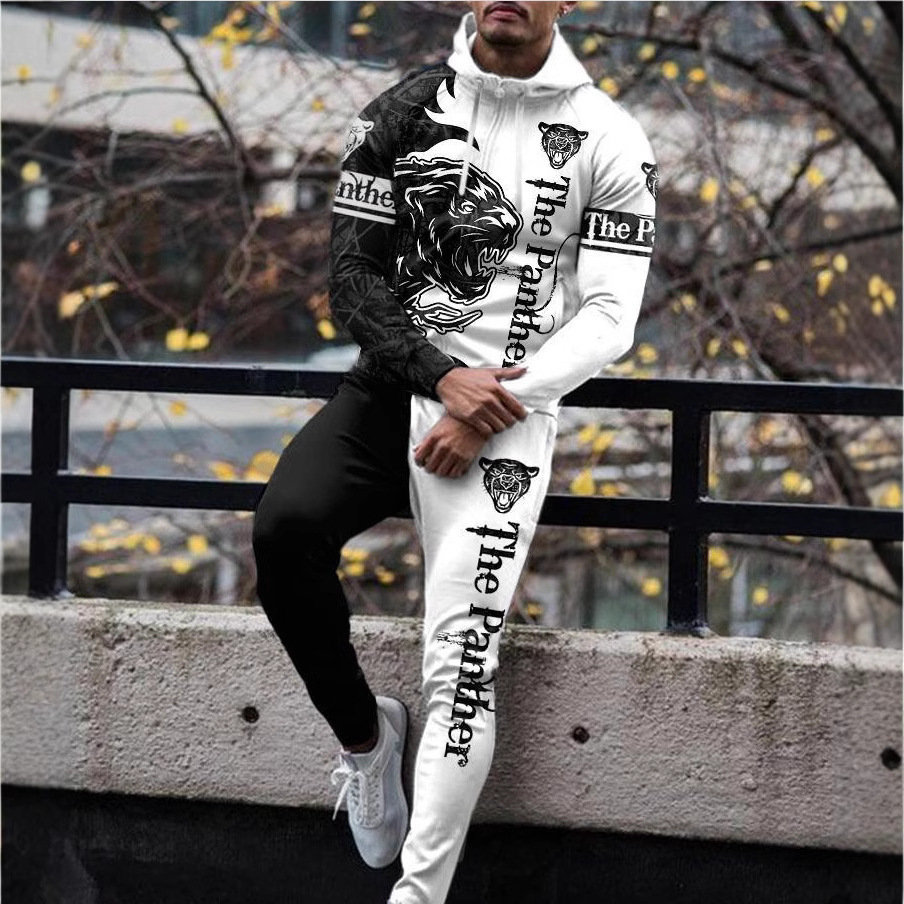 Tuta sportiva autunno e inverno moda colore bloccato casual felpa con cappuccio stampata in 3D pantaloni set due pezzi uomo_voghion.com