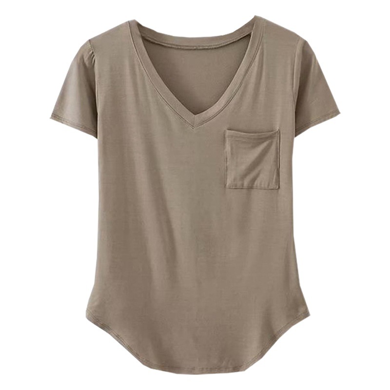 Camiseta de manga corta modal de alta calidad para mujer 2024 Verano nuevo V-cuello suelto adelgazante versátil moda irregular top