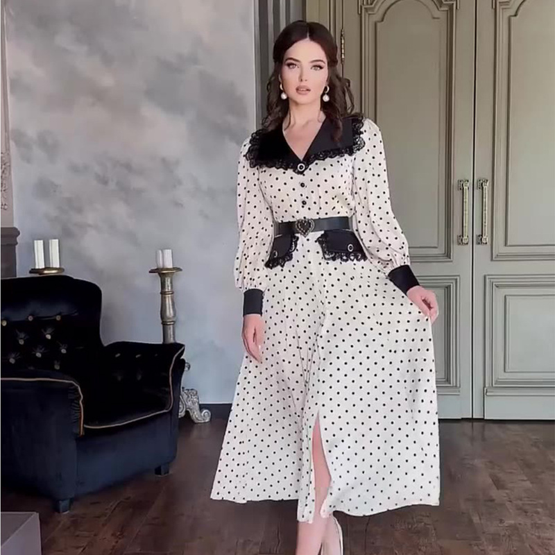 Amazon European and American Cross-Border 2026 Spring New Lace Trim Doll Collar Slim-Fit Polka Dot Print Dress Amazon European and American Cross-Border 2026 Spring New Lace Trim Doll Collar Slim-Fit Polka Dot Print Dress