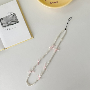 Ballet style gentle small bow pearl long neck hanging mobile phone chain fan ccd lanyard beaded ornaments
