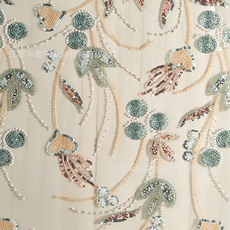 Tejido de malla bordada, tela de línea verde, flor de sequilla, cuentas de clavos, tela de malla bordada tridimensional, flores